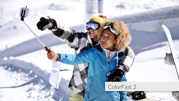 Snowboarders taking selfie. Enhanced with Colorfast 2.