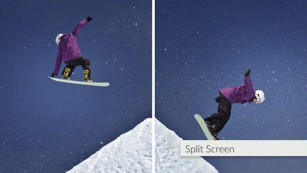 Example of Video Split Screen with snowboarder flying through air and landing.